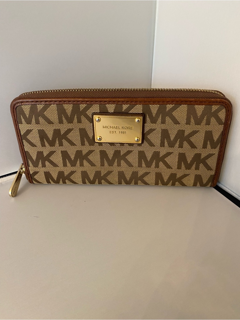 Michael Kors Brown and Gold MK Logo Zip-Around Wallet